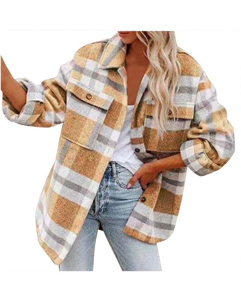 Women Plaid Shacket Jacket Casual Long Sleeve Button Down Shirt Chest Pocketed Shirts Light Weight Loose Jacket 2023 A03khaki...