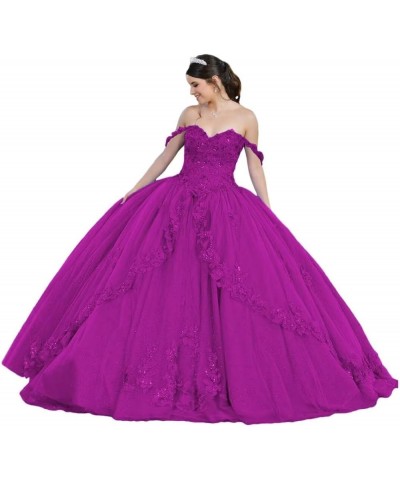 Women's Off The Shoulder Quinceanera Dresses Ball Gown Puffy Tulle Beaded Prom Dress Sweet 15 Party Gowns Hr09 Fuchsia $51.27...