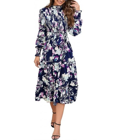 Women's Ruffle Mock Neck Long Sleeve Smocked Midi Dress Casual Floral Print Elastic Waist Tiered Long Dress Navy Floral $10.5...