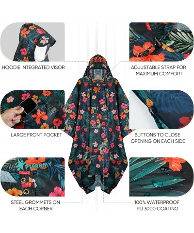 Hooded Rain Poncho for Adult with Pocket, Waterproof Lightweight Unisex Raincoat for Hiking Camping Emergency Blossom Season ...