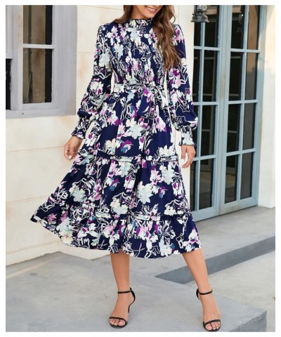 Women's Ruffle Mock Neck Long Sleeve Smocked Midi Dress Casual Floral Print Elastic Waist Tiered Long Dress Navy Floral $10.5...