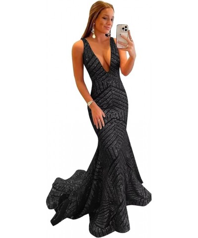 Mermaid Sequin Prom Dresses Sparkly Long Ball Gown Deep V Neck Backless Formal Party Evening Gowns with Train MR51 Black $35....