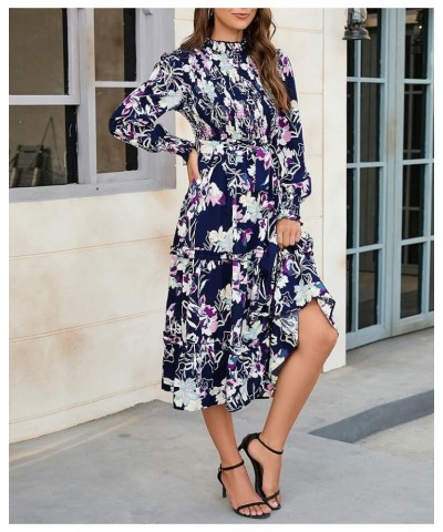 Women's Ruffle Mock Neck Long Sleeve Smocked Midi Dress Casual Floral Print Elastic Waist Tiered Long Dress Navy Floral $10.5...