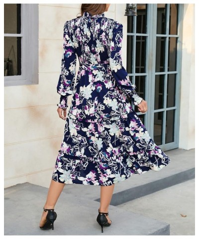 Women's Ruffle Mock Neck Long Sleeve Smocked Midi Dress Casual Floral Print Elastic Waist Tiered Long Dress Navy Floral $10.5...