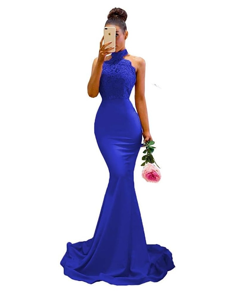 Womens Halter Satin Bridesmaid Dresses Long Lace Appliques Mermaid Formal Party Gowns Cf010 Royal Blue $47.69 Dresses