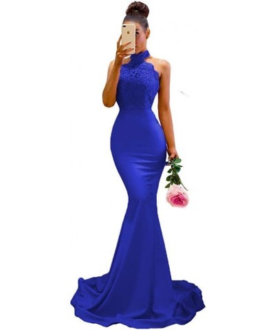 Womens Halter Satin Bridesmaid Dresses Long Lace Appliques Mermaid Formal Party Gowns Cf010 Royal Blue $47.69 Dresses