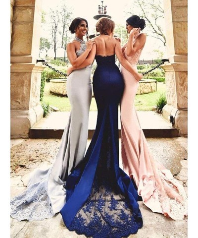 Womens Halter Satin Bridesmaid Dresses Long Lace Appliques Mermaid Formal Party Gowns Cf010 Royal Blue $47.69 Dresses