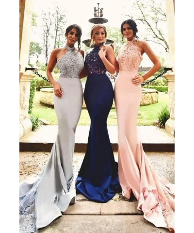 Womens Halter Satin Bridesmaid Dresses Long Lace Appliques Mermaid Formal Party Gowns Cf010 Royal Blue $47.69 Dresses