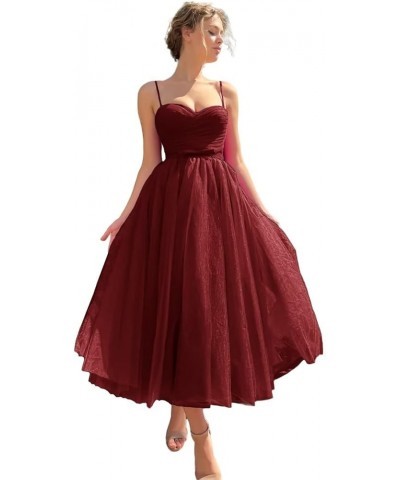 Spaghetti Straps Tulle Prom Dress Tea Length Formal Party Evening Dress with Pockets Wine Red $34.80 Dresses