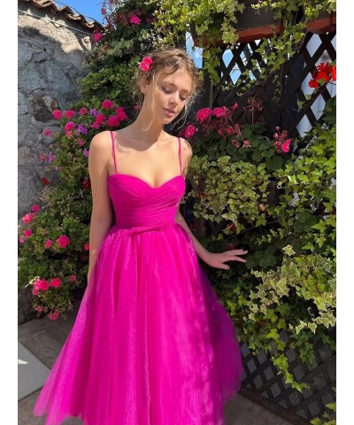 Spaghetti Straps Tulle Prom Dress Tea Length Formal Party Evening Dress with Pockets Wine Red $34.80 Dresses