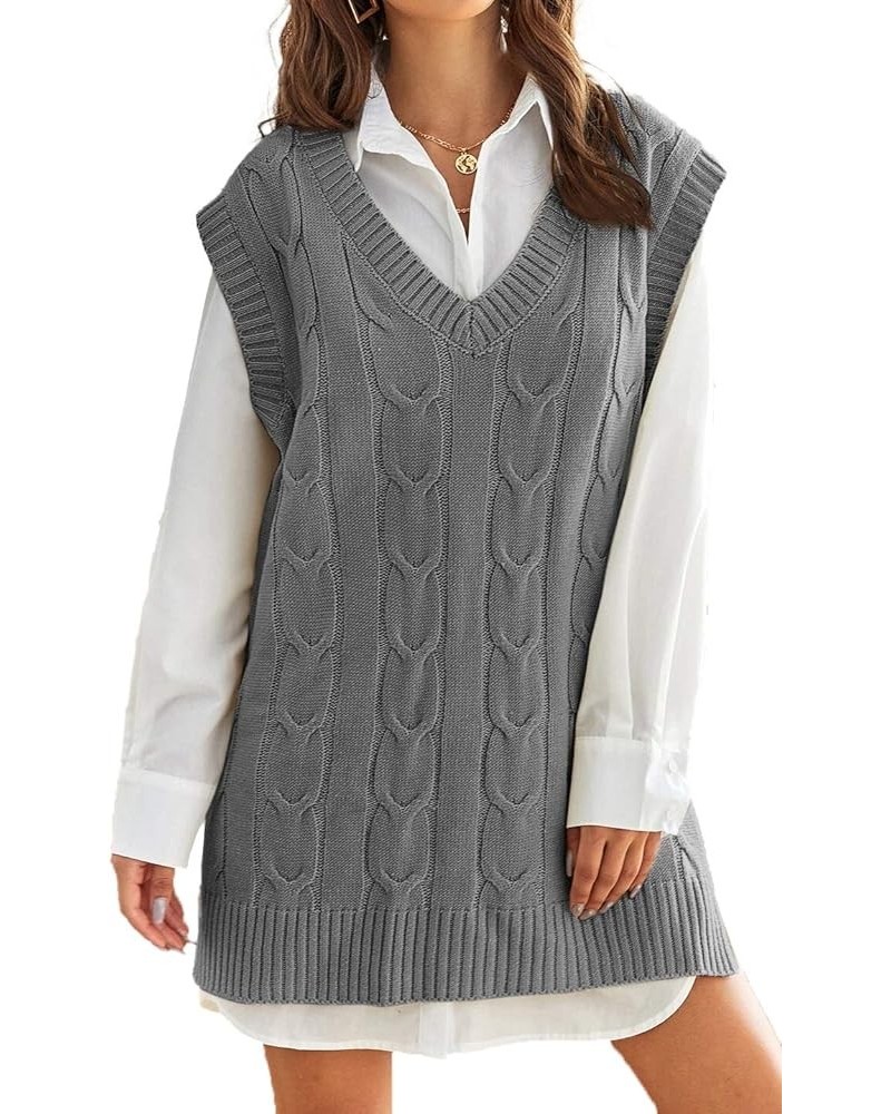 Womens Oversized Sweater Vest V Neck Sleeveless Cable Knit Pullover Jumpers Tops Grey $13.99 Sweaters