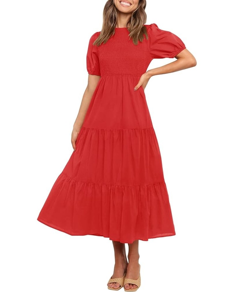 Women's 2024 Casual Summer Crew Neck Short Puff Sleeve Smocked High Waist Ruffle Tiered A Line Midi Dress Red $24.50 Dresses