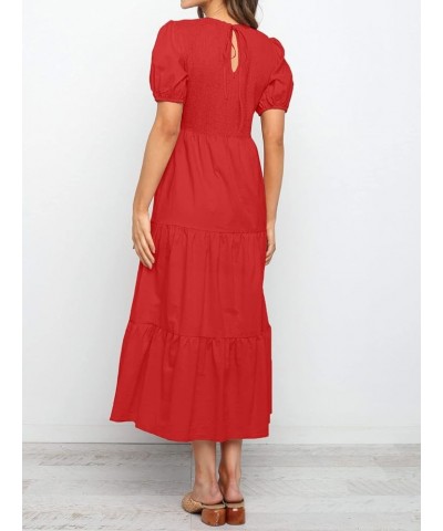 Women's 2024 Casual Summer Crew Neck Short Puff Sleeve Smocked High Waist Ruffle Tiered A Line Midi Dress Red $24.50 Dresses