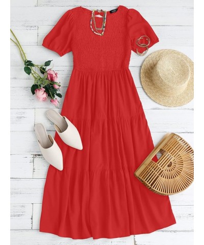 Women's 2024 Casual Summer Crew Neck Short Puff Sleeve Smocked High Waist Ruffle Tiered A Line Midi Dress Red $24.50 Dresses