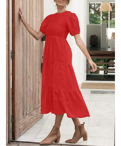 Women's 2024 Casual Summer Crew Neck Short Puff Sleeve Smocked High Waist Ruffle Tiered A Line Midi Dress Red $24.50 Dresses