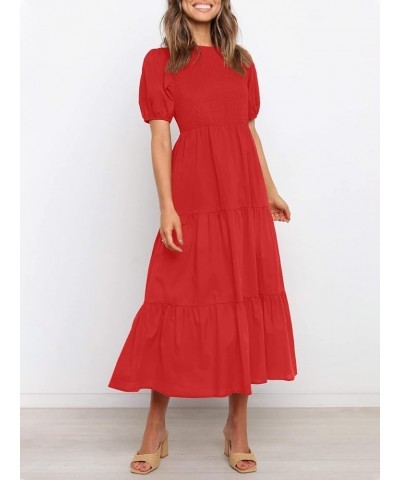 Women's 2024 Casual Summer Crew Neck Short Puff Sleeve Smocked High Waist Ruffle Tiered A Line Midi Dress Red $24.50 Dresses