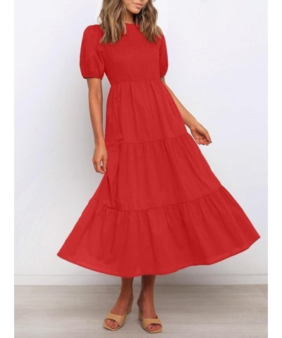 Women's 2024 Casual Summer Crew Neck Short Puff Sleeve Smocked High Waist Ruffle Tiered A Line Midi Dress Red $24.50 Dresses