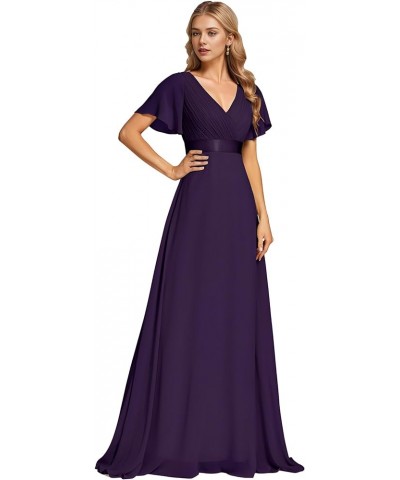 Women's V Neck Short Sleeves A Line Chiffon Long Formal Dresses 09890 Deep Purple $36.80 Dresses