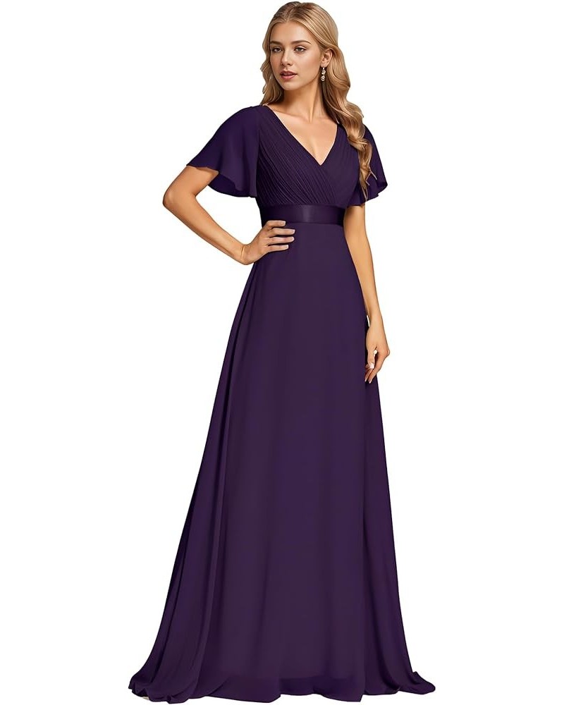 Women's V Neck Short Sleeves A Line Chiffon Long Formal Dresses 09890 Deep Purple $36.80 Dresses