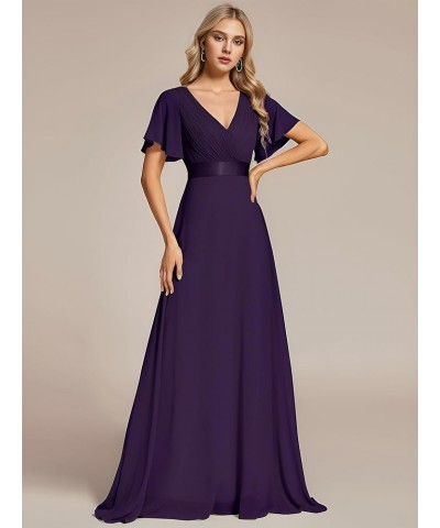 Women's V Neck Short Sleeves A Line Chiffon Long Formal Dresses 09890 Deep Purple $36.80 Dresses