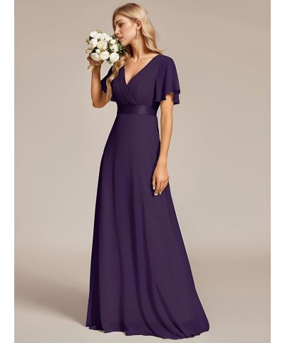 Women's V Neck Short Sleeves A Line Chiffon Long Formal Dresses 09890 Deep Purple $36.80 Dresses