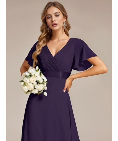 Women's V Neck Short Sleeves A Line Chiffon Long Formal Dresses 09890 Deep Purple $36.80 Dresses