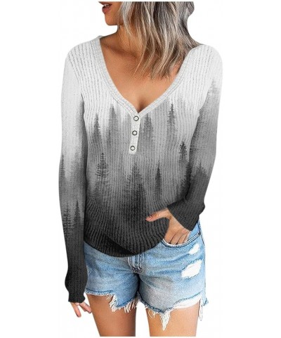 Ribbed Long Sleeve Tops for Women Sexy Casual Fall Blouses Tunics V Neck Button Henley Shirt 2023 D036- Dark Gray $8.24 Tops