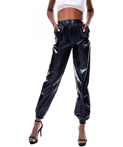 Womens Metallic Shiny Jogger Pants, Casual High Waisted Harem Pant Holographic Color Hip Hop Trousers Streetwear Black $10.75...