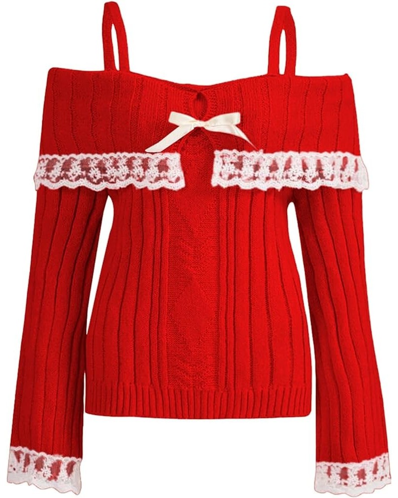 Women Y2k Bow Knit Sweater Loose Fit Long Sleeve Ribbon Drawstring Eyelet Cropped Jumper Going Out Coquette Clothes I Red $12...