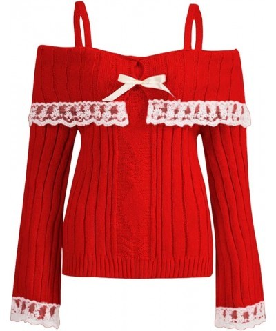 Women Y2k Bow Knit Sweater Loose Fit Long Sleeve Ribbon Drawstring Eyelet Cropped Jumper Going Out Coquette Clothes I Red $12...