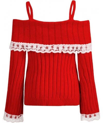 Women Y2k Bow Knit Sweater Loose Fit Long Sleeve Ribbon Drawstring Eyelet Cropped Jumper Going Out Coquette Clothes I Red $12...