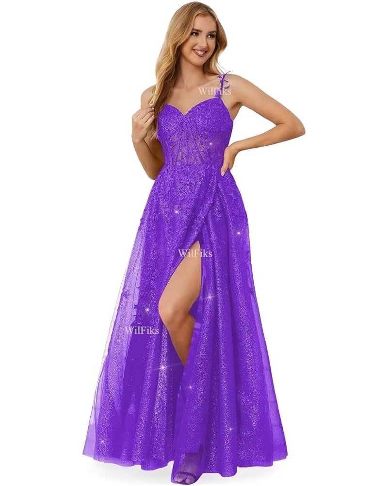 Sparkly Tulle Prom Dresses Long Ball Gowns for Women 2024 Spaghetti Straps Lace Appliques Corset Formal Wedding Dress Purple ...