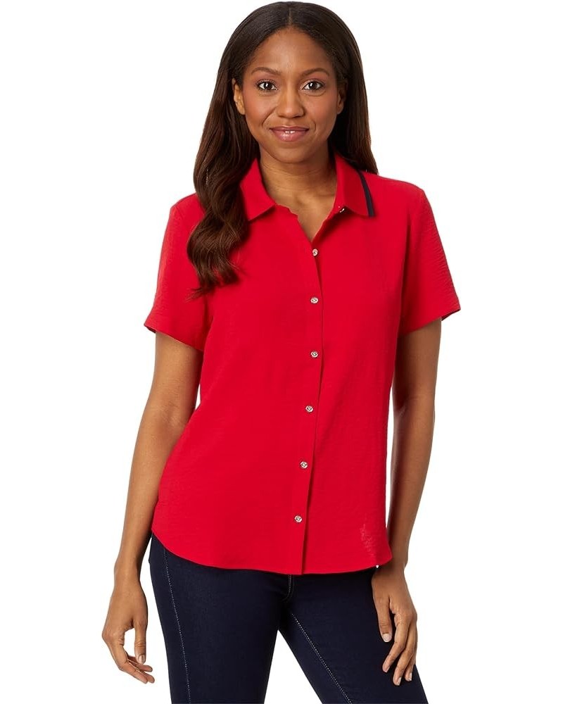 Women's Short Sleeve Button Up with Ribbed Collar Scarlet $36.23 Blouses