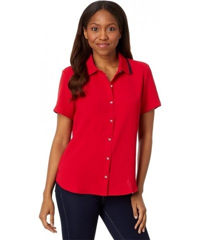 Women's Short Sleeve Button Up with Ribbed Collar Scarlet $36.23 Blouses