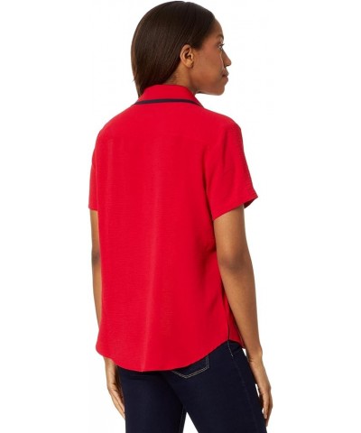 Women's Short Sleeve Button Up with Ribbed Collar Scarlet $36.23 Blouses