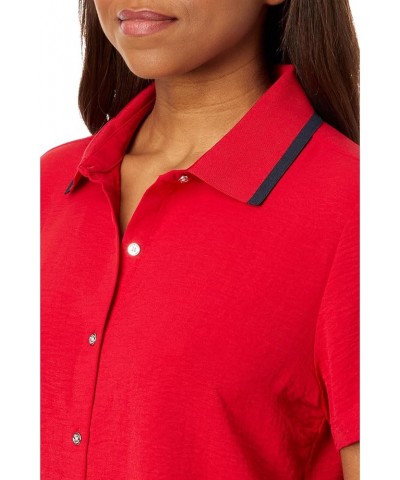 Women's Short Sleeve Button Up with Ribbed Collar Scarlet $36.23 Blouses