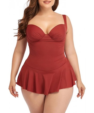 Women's Plus Size Underwired Low Back Ruffle One Piece Swimsuit Red $11.59 Swimsuits