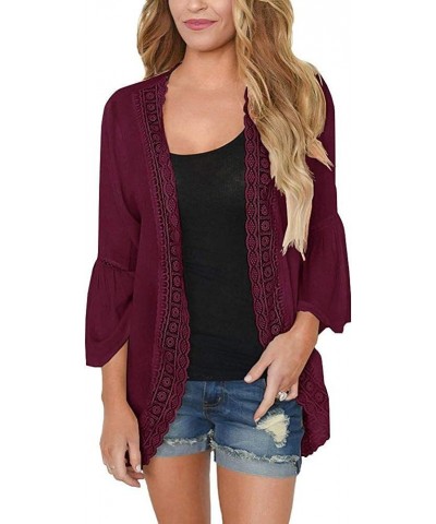 Women Chiffon Printed Cardigan Kimono Robe Tops Beach Bikini Cover up Blouse 004-burgundy $11.01 Swimsuits