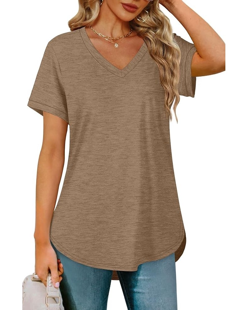 Womens Tops V Neck Short Sleeve Shirts High Low Hem 04j-brown $14.74 T-Shirts