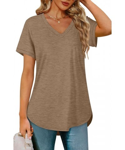 Womens Tops V Neck Short Sleeve Shirts High Low Hem 04j-brown $14.74 T-Shirts