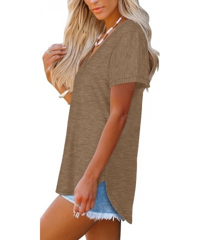 Womens Tops V Neck Short Sleeve Shirts High Low Hem 04j-brown $14.74 T-Shirts