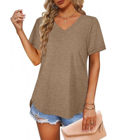 Womens Tops V Neck Short Sleeve Shirts High Low Hem 04j-brown $14.74 T-Shirts