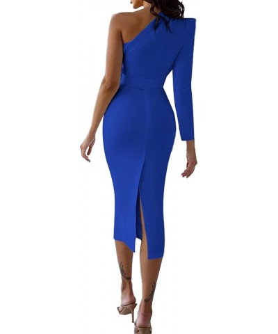 Women's One Shoulder Split Back Long Sleeve Belted Bodycon Elegant Midi Dress Blue $20.90 Dresses