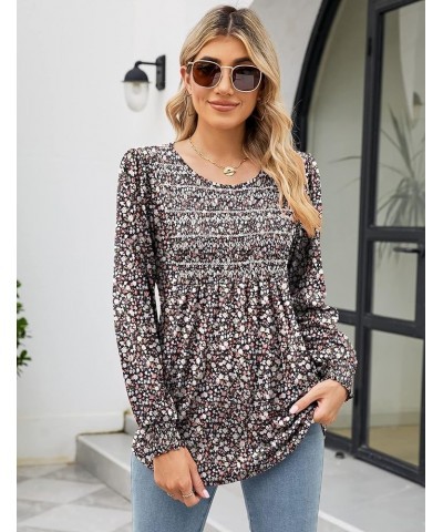 Womens Tops Long Sleeve Fall Shirts Dressy Casual Shirred Blouses Crewneck Puff Sleeve T-Shirts Smocked Tunic Tops Small Flor...