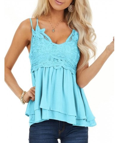 Lace Tank Tops for Women Summer Spaghetti Strap Babydoll Tops Chiffon Cami Sleeveless Shirts Light Blue $11.99 Tanks