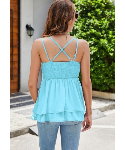 Lace Tank Tops for Women Summer Spaghetti Strap Babydoll Tops Chiffon Cami Sleeveless Shirts Light Blue $11.99 Tanks