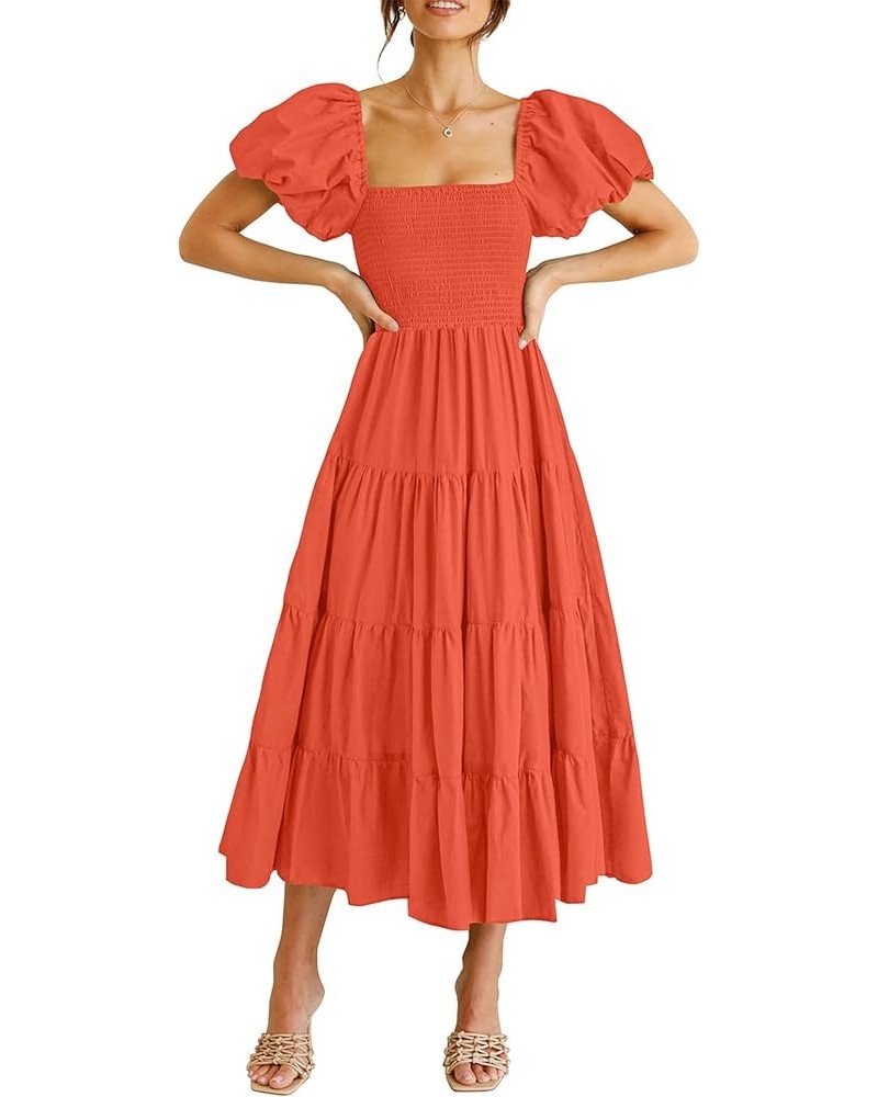 Women's Casual Summer Midi Dress Puffy Short Sleeve Square Neck Smocked Tiered Ruffle Dresses Orange $23.96 Dresses