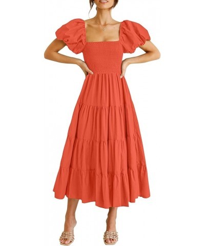 Women's Casual Summer Midi Dress Puffy Short Sleeve Square Neck Smocked Tiered Ruffle Dresses Orange $23.96 Dresses