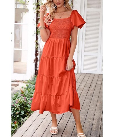 Women's Casual Summer Midi Dress Puffy Short Sleeve Square Neck Smocked Tiered Ruffle Dresses Orange $23.96 Dresses