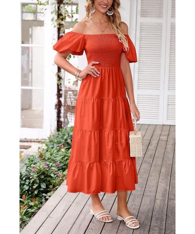 Women's Casual Summer Midi Dress Puffy Short Sleeve Square Neck Smocked Tiered Ruffle Dresses Orange $23.96 Dresses